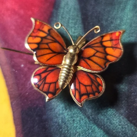 Vintage gold tone enamel orange black butterfly brooch pin / necklace pe… - Picture 7 of 17